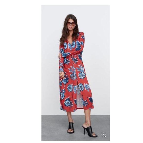 ZARA Red Floral Button-Down Midi Dress M — Cottagecore Coquette Wedding Guest - Picture 1 of 11